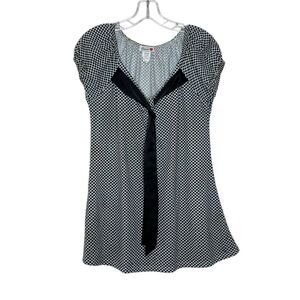 Express Black Short Sleeve Blouse Top Size L Polka Dot Tie Front Cotton